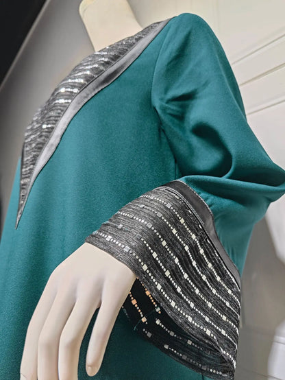 Sequins Abaya Dubai Luxury High Class Dark Green Chiffon Kaftan Party Ladies Long Sleeves Muslim Girl Dress