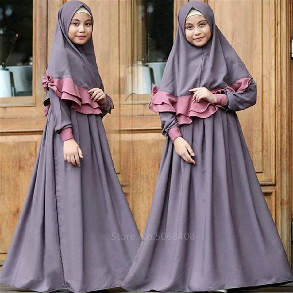 Muslim traditional clothing Islamic robe kids baby girls richer Saudi Arab Dubai solid abaya kaftan with ruffle bow hijab dress