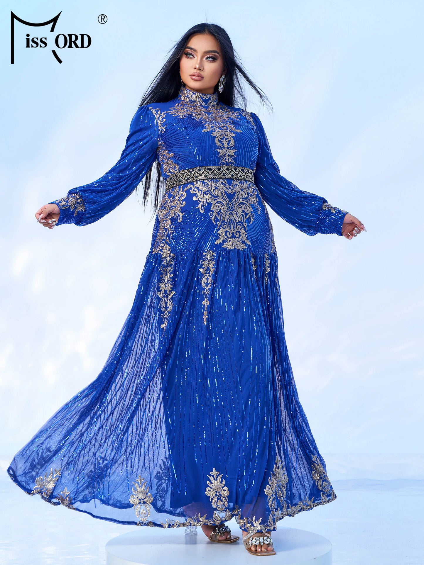 Missord New Blue Plus Size Muslim Round Neck Long Sleeved A Line Gown Evening Women Wedding Birthday Party Large Maxi Dress
