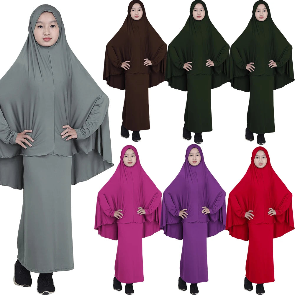 2pcs Set Abaya Muslim Kids Girls Gowns Long Overhead Hijab Maxi Dress Islamic Prayer Garment Clothing Set Turkey Khimar Ramadan