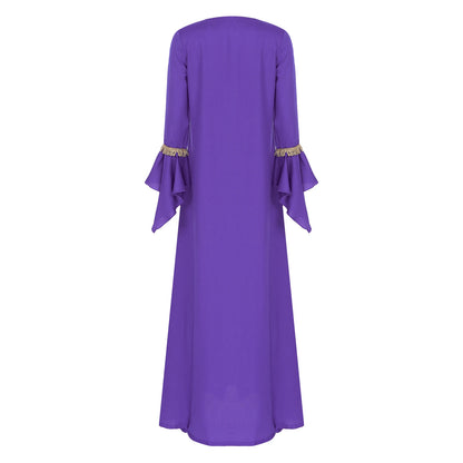 Elegant Womens Muslim Abaya Floor Length Robe V Neck Flared Sleeve Dress Halloween Witch Masquerade Gown Role Play Theme Party