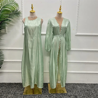 2 Piece Silk Satin Kimono Abaya Under Dress Morocco Muslim Sets Abayas for Women Dubai Arabic Cardigan Kaftan Robe Islam outfits