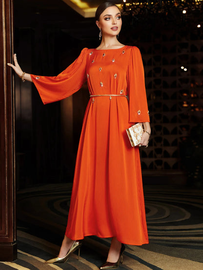 Abaya Muslim Maxi Long Sleeve Dress With Cap Women Diamond Arab Dubai Islamic Clothing Autumn New Loose Casual Turkey Robe