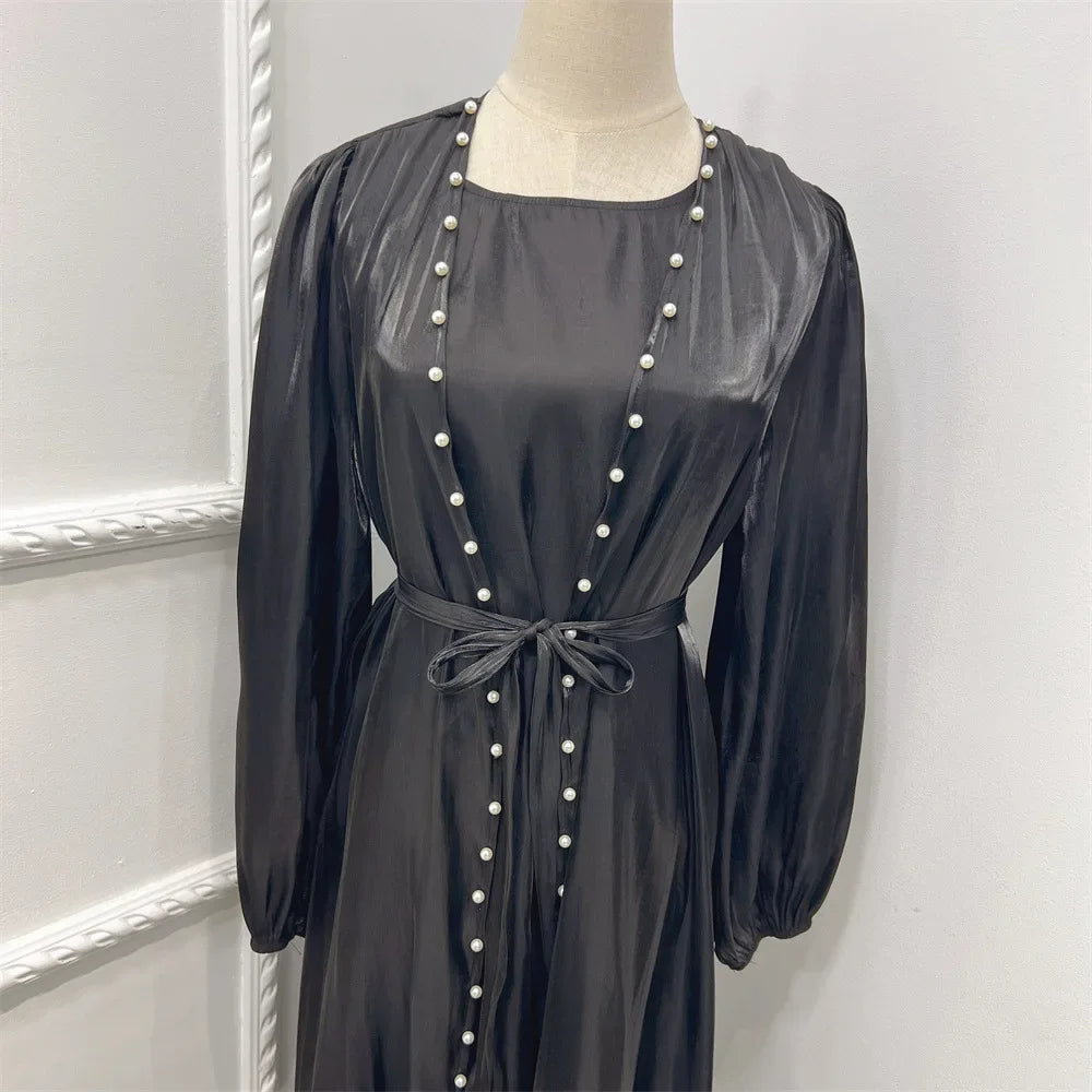 2 Piece Silk Satin Kimono Abaya Under Dress Morocco Muslim Sets Abayas for Women Dubai Arabic Cardigan Kaftan Robe Islam outfits
