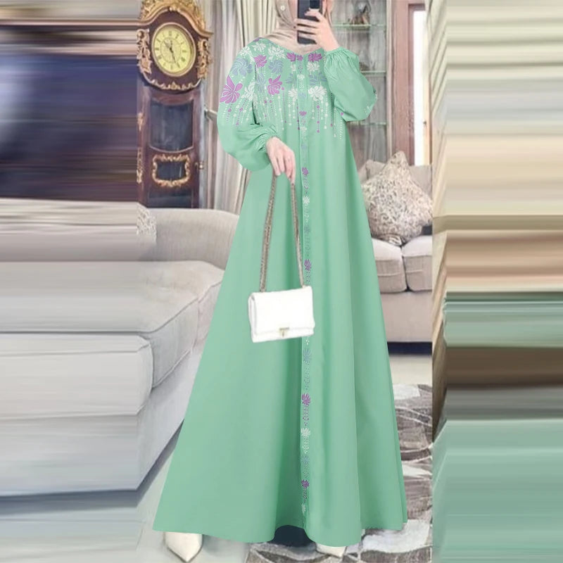 ZANZEA Muslim Hijab Autumn 2024 Maxi Dress Women Floral Printed O Neck Islamic Abaya Robe Loose Casual Long Sleeve Long Vestidos