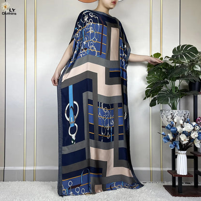 Muslim Abayas For Women 2023 New Fashion Printed Silk Soft Loose Femme Elegant Robe African Maxi Party Dresses With Belt Turban