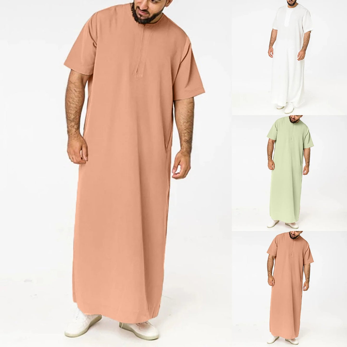 New 2025 Men Islamic Arabic Kaftan Vintage Solid Short Sleeve Loose Retro Robes Abaya Dubai Middle East Muslim Clothing S-5XL