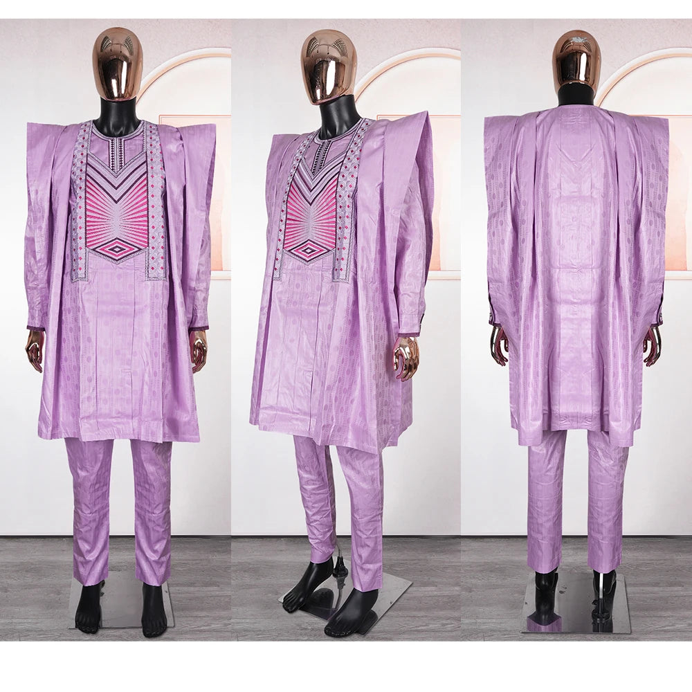 New African Clothes for Men Dashiki Tradition Outfit Robe Embroidery Pink Tops Pants Suits Bazin Muslim Wedding Party Clothing