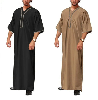 New 2025 Men Islamic Arabic Kaftan Vintage Solid Short Sleeve Loose Retro Robes Abaya Dubai Middle East Muslim Clothing S-5XL