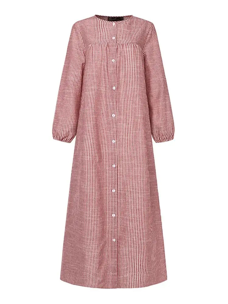 ZANZEA Autumn Sundress Women Vintage Long Sleeve Islamic Clothing Dubai Vestido Fashion Striped Muslim Abaya Dress Robe Femme