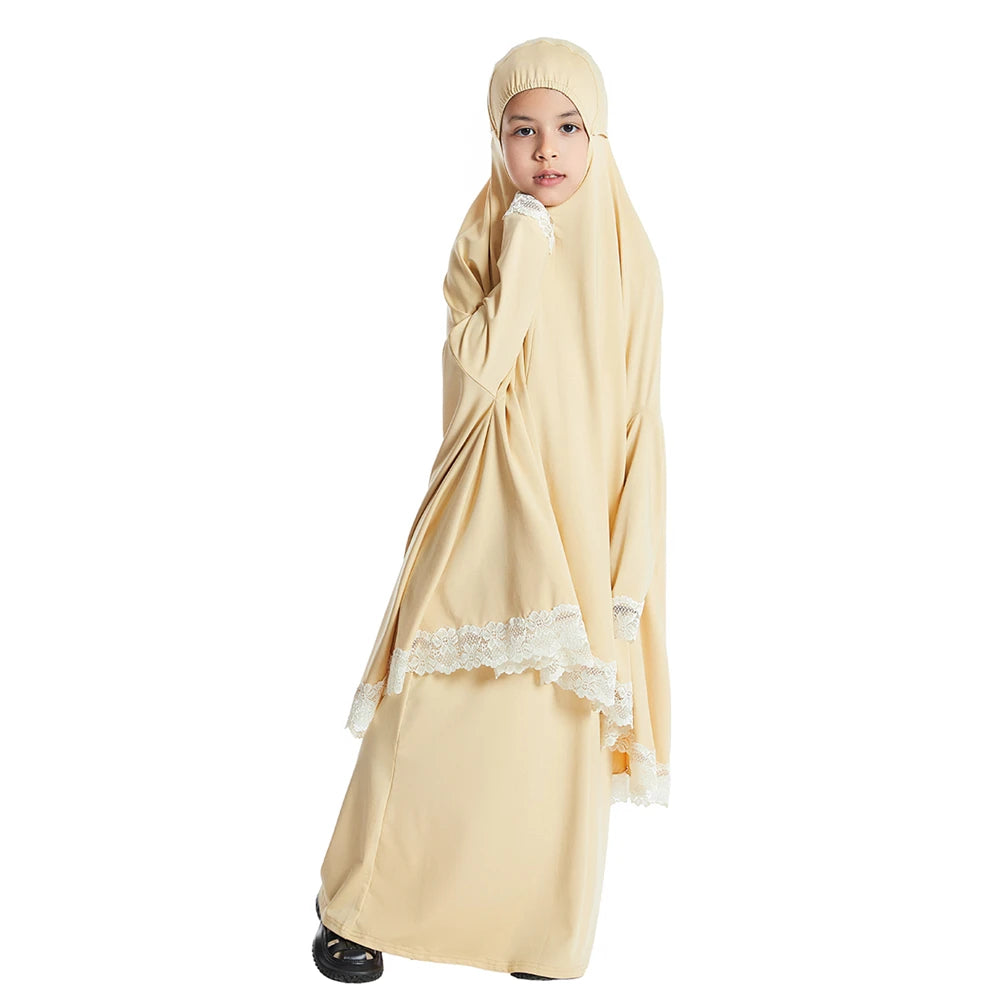 2Pcs Traditional Muslim Kids Girls Abaya Eid Hooded Overhead Hijab Burqa Maxi Skirt Sets Turkey Dubai Kaftan Prayer Garment Gown