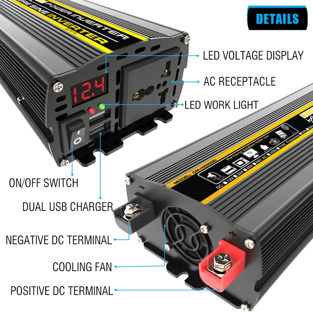 3000W-8000W Pure Sine Wave Power Inverter Voltage Transformer Intelligent Digital Display Car Home DC12V to AC 220V Converter