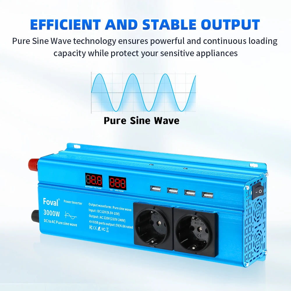 Pure Sine Wave 1000W 1500W 2200W 2600W DC 12V To AC 220V Car Power Inverter Adapter Converter With 3.1A Dual USB EU/Universal