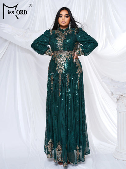 Missord New Blue Plus Size Muslim Round Neck Long Sleeved A Line Gown Evening Women Wedding Birthday Party Large Maxi Dress