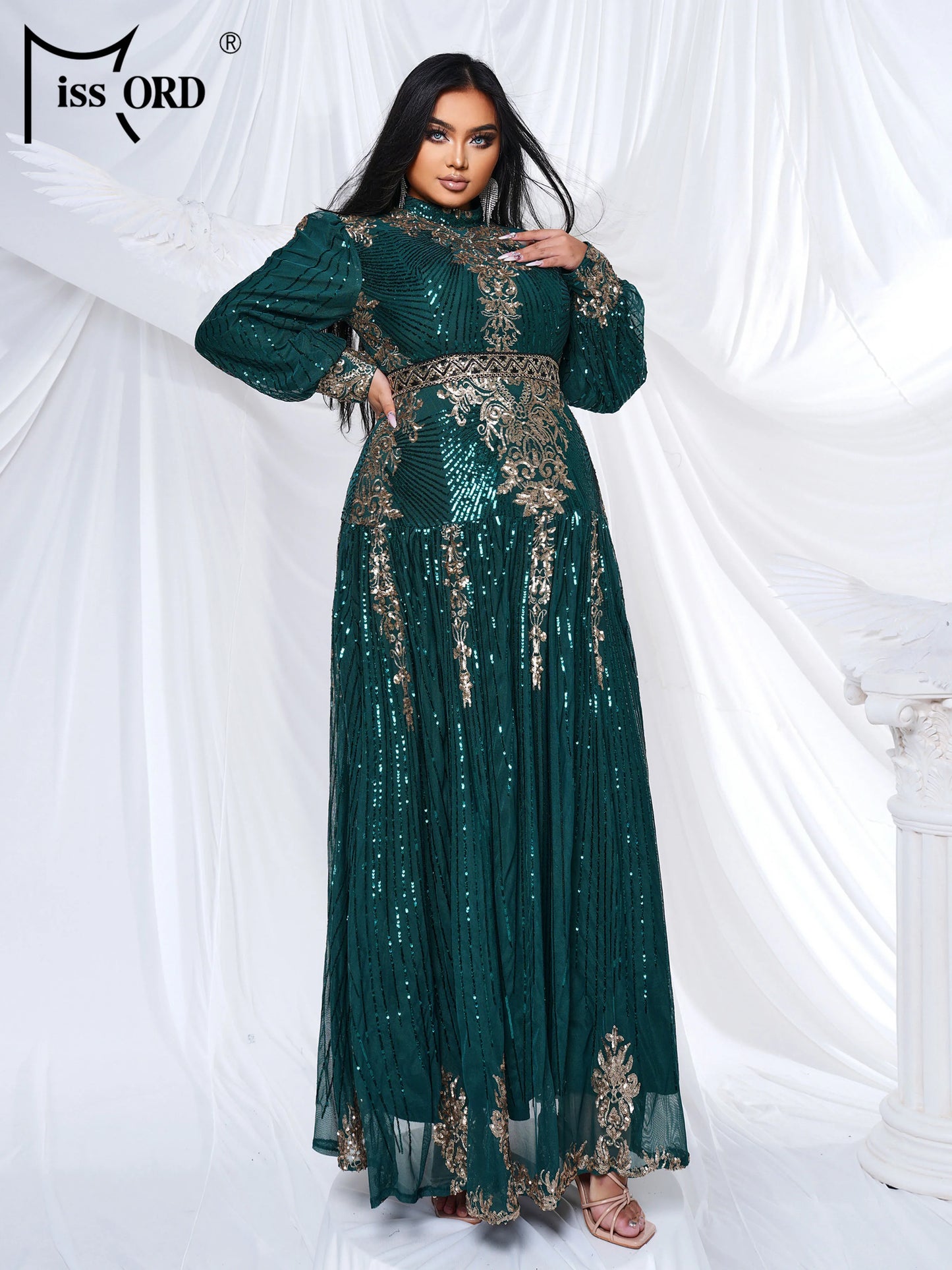 Missord New Blue Plus Size Muslim Round Neck Long Sleeved A Line Gown Evening Women Wedding Birthday Party Large Maxi Dress