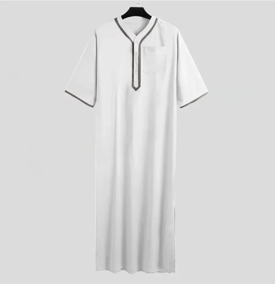 New 2025 Men Islamic Arabic Kaftan Vintage Solid Short Sleeve Loose Retro Robes Abaya Dubai Middle East Muslim Clothing S-5XL