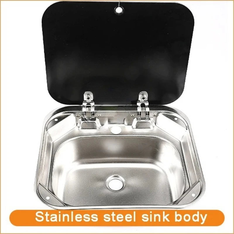 Caravan Camping Stainless Steel Hand Wash Basin Sink with Tempered Glass Lid Camper Accessories RV Stainless Steel Covered Sink