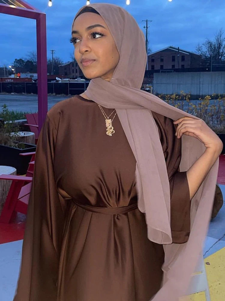 Plain Satin Abaya Dress for Muslim Women, Side Pockets Wide Sleeves, Dubai Turkish Hijabi Islamic Clothing, Modest Robe, Ramadan