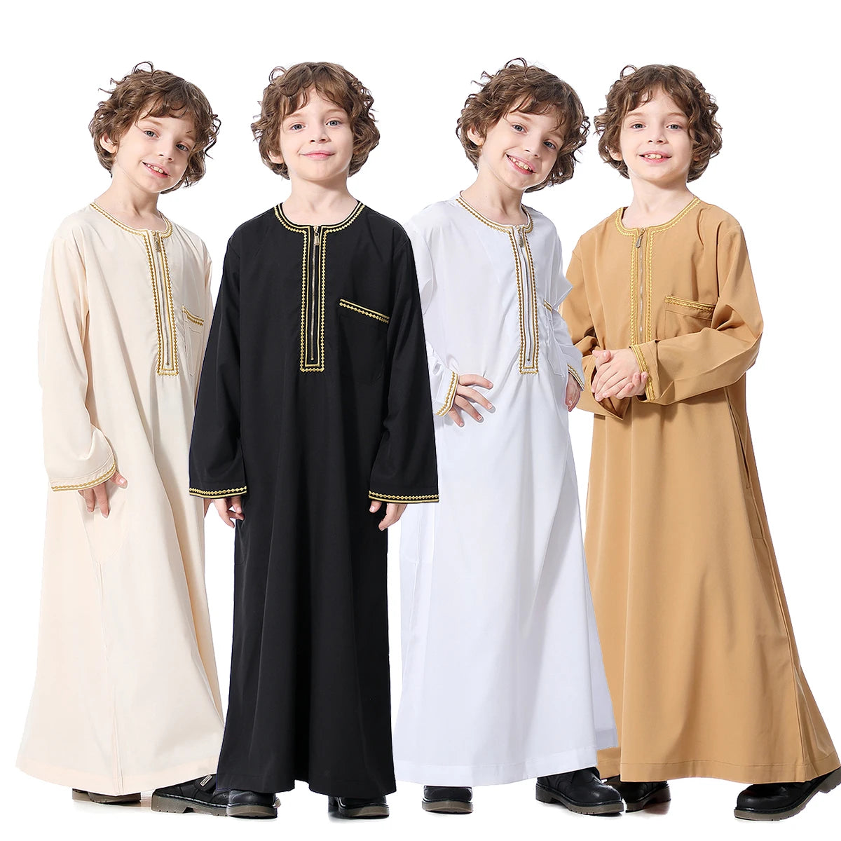 Muslim Boys Robe Embroidered Long Sleeve Dress Gown Saudi Arabia Abaya Kaftan Jubba Thobe Islamic Clothes Eid Djellaba Ramadan
