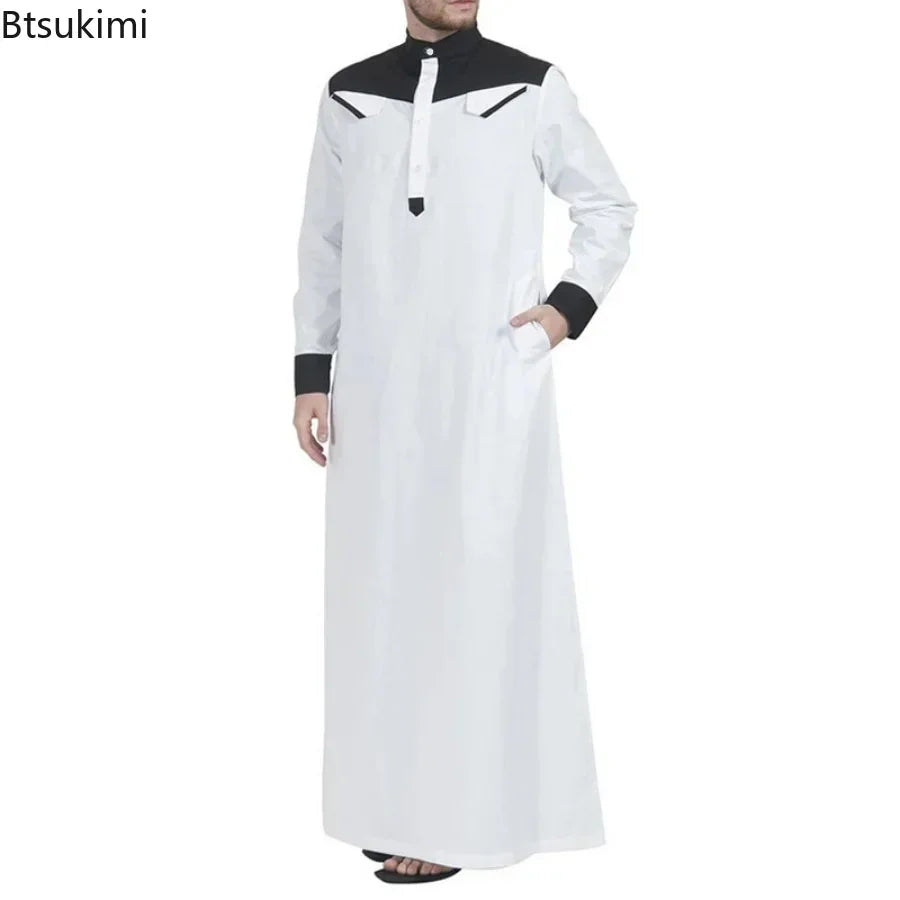 2025 Muslim Thobe Comfortable Men Caftan Long Sleeve Contrast Color Muslim Clothing Mandarin Neck Muslim Robe for Middle East