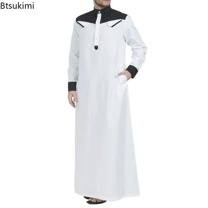 2025 Muslim Thobe Comfortable Men Caftan Long Sleeve Contrast Color Muslim Clothing Mandarin Neck Muslim Robe for Middle East