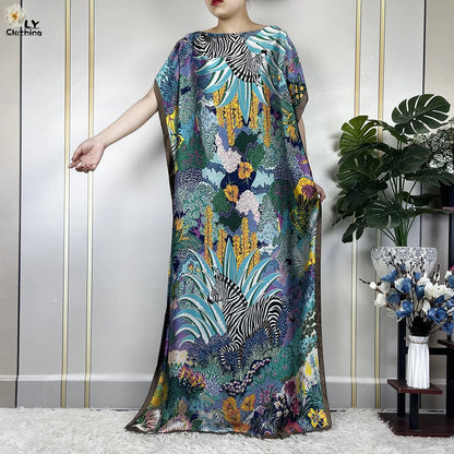 Muslim Abayas For Women 2023 New Fashion Printed Silk Soft Loose Femme Elegant Robe African Maxi Party Dresses With Belt Turban
