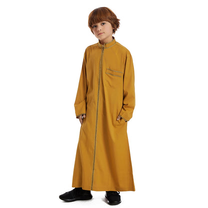 Saudi Dubai Turkey Front Zipper Abayas For Kids Boys Muslim Clothing Children Jubba Thobe Kaftan Full Cover Robe Dress TH882