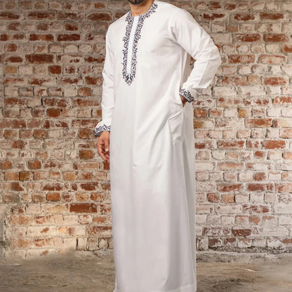 2024 New Men's Luxury White Muslim Moroccan Style Abaya Classic Embroidered Long Sleeve Formal Wear Islamic Arabic Thobe