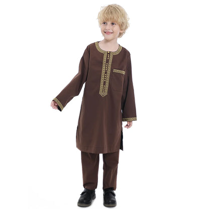 2025 Muslim Children Robe 2pc Set Long Sleeve Embroidery Dress Shirt+Pants Boys Fashion Abaya Kaftan Thobe Kids Islamic Clothing