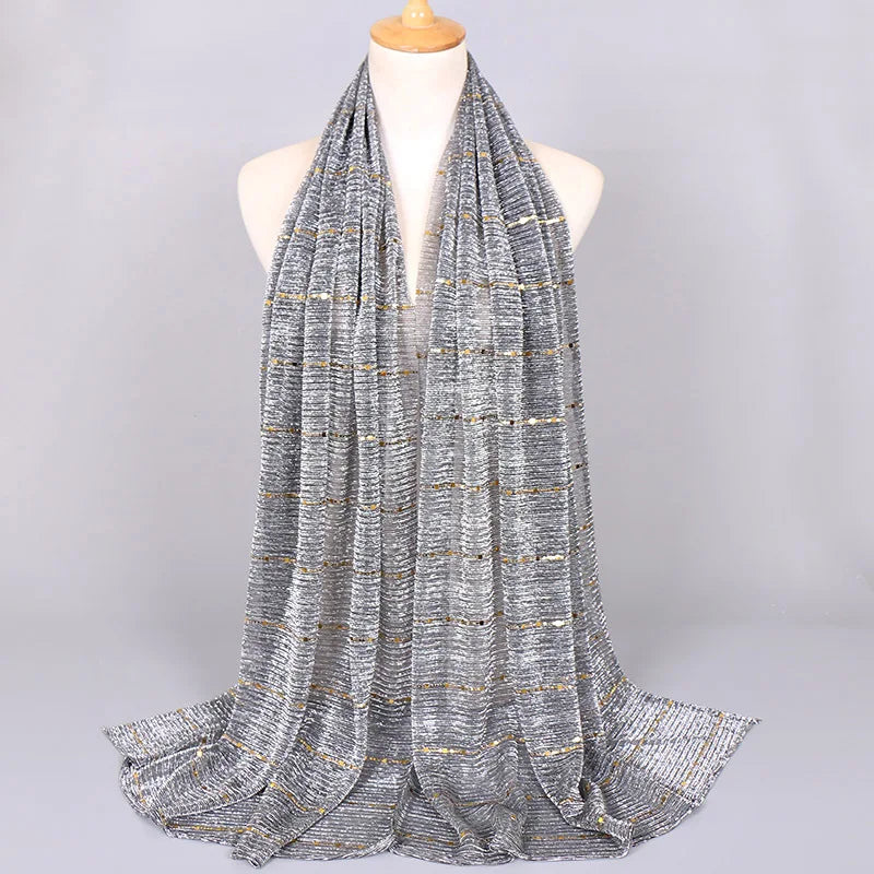 Glitter Women Gold Silk With Pearls Muslim Hijab Shawls And Wraps Islamic Turban Female Foulard Soft Thin Hijabs Head Scarf