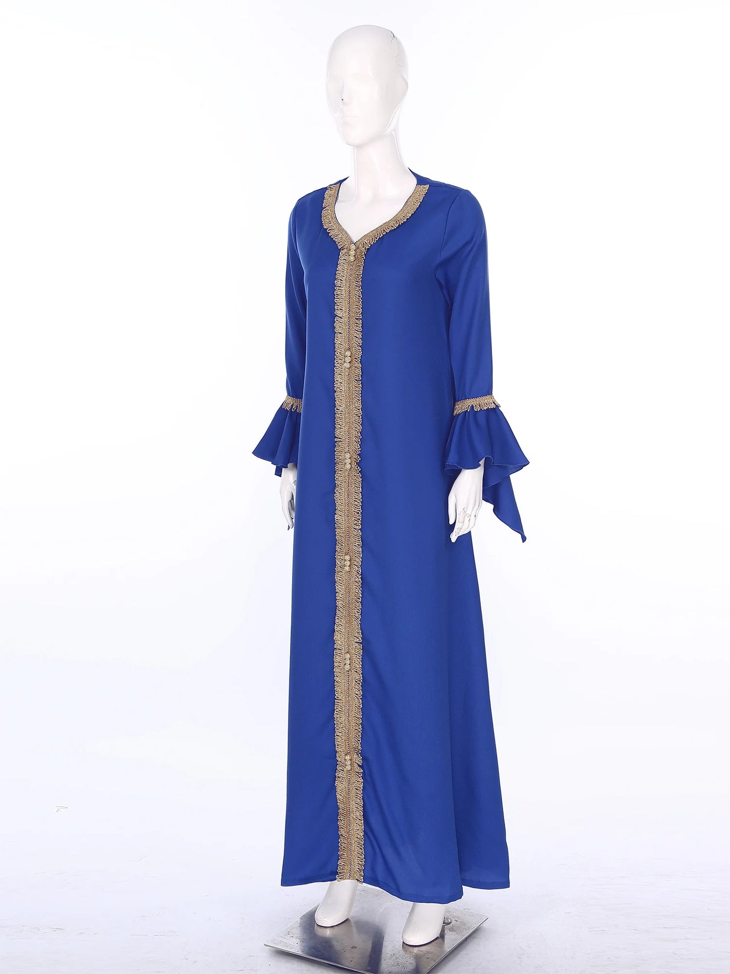 Elegant Womens Muslim Abaya Floor Length Robe V Neck Flared Sleeve Dress Halloween Witch Masquerade Gown Role Play Theme Party