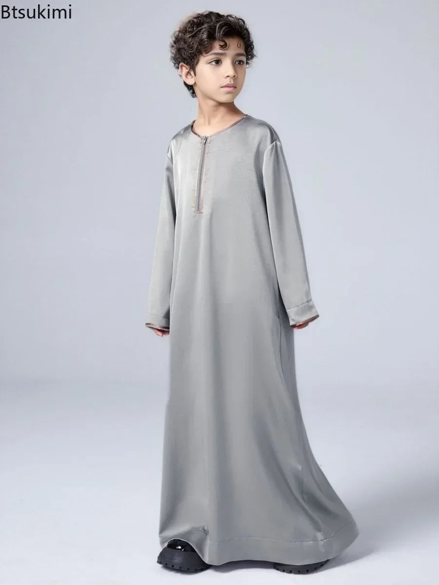 New 2025 Islamic Muslim Kids Clothing Long Sleeve Loose Jubba Thobe Saudi Arab Kaftan Maxi Robe Boys Pakistan Dubai Caftan Dress