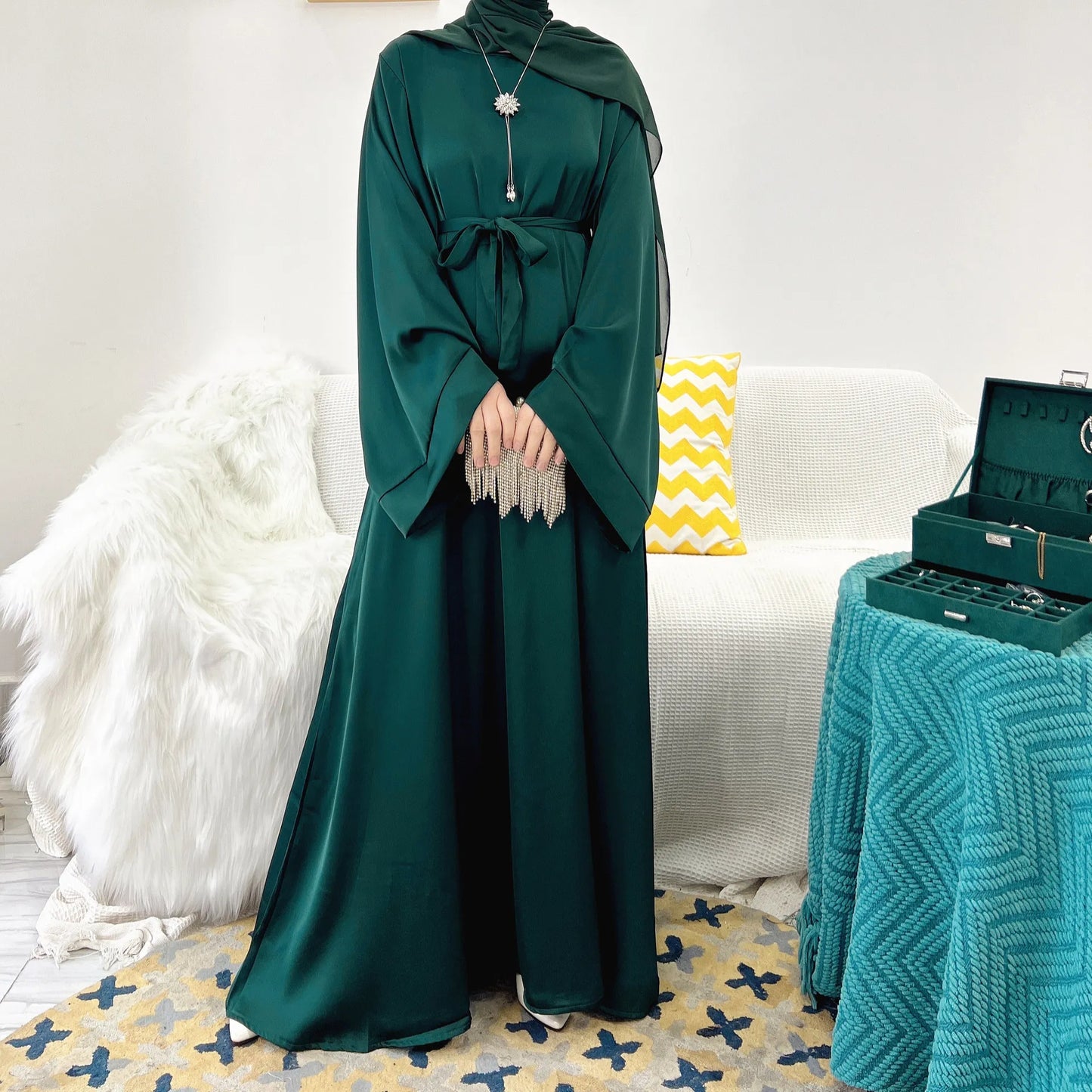 Plain Satin Abaya Dress for Muslim Women, Side Pockets Wide Sleeves, Dubai Turkish Hijabi Islamic Clothing, Modest Robe, Ramadan