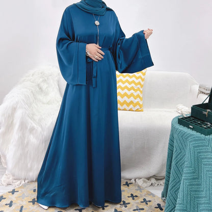 Plain Satin Abaya Dress for Muslim Women, Side Pockets Wide Sleeves, Dubai Turkish Hijabi Islamic Clothing, Modest Robe, Ramadan