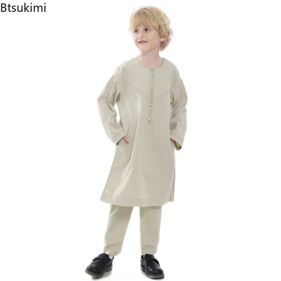 2025 Muslim Kids Jubba Thobe Arab Boy Thobe Children Abaya Ramadan Dress Pant Set 2 Piece Caftan Robe Kaftan Musulman Ensembles
