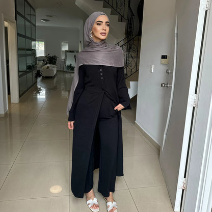 2PCS Muslim Women Button Long Sleeve Tops Dress Pants Set Dubai Abaya Turkey Kaftan Arabic Outfits Eid Ramadan Islam Clothing