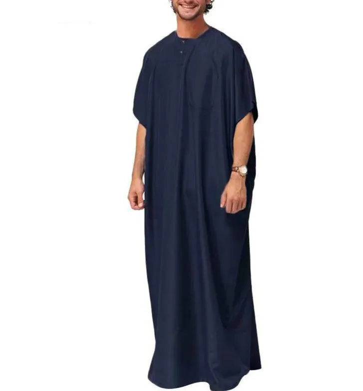 New 2025 Men Islamic Arabic Kaftan Vintage Solid Short Sleeve Loose Retro Robes Abaya Dubai Middle East Muslim Clothing S-5XL
