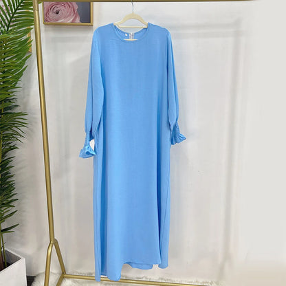 Under Abaya Inner Long Slip Dress Solid Color Smocked Cuffs Islamic Clothing Muslim Woman Casual Dubai Turk Modest Hijabi Robe