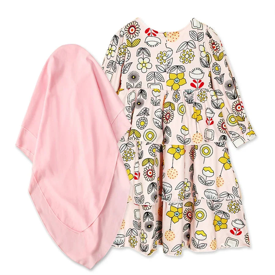 Floral Muslim Girls Prayer Dress Hijab Abaya Robe Arab Dubai Children Ramadan Set Kids Kaftan Headscarf Islamic Eid Gown Jilbab
