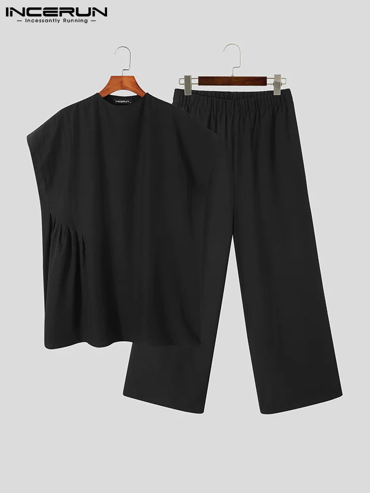 INCERUN Men Sets Muslim Clothing 2023 O-neck Short Sleeve T Shirt & Wide Leg Pants Two Pieces Solid Baggy Men Casual Suits 7