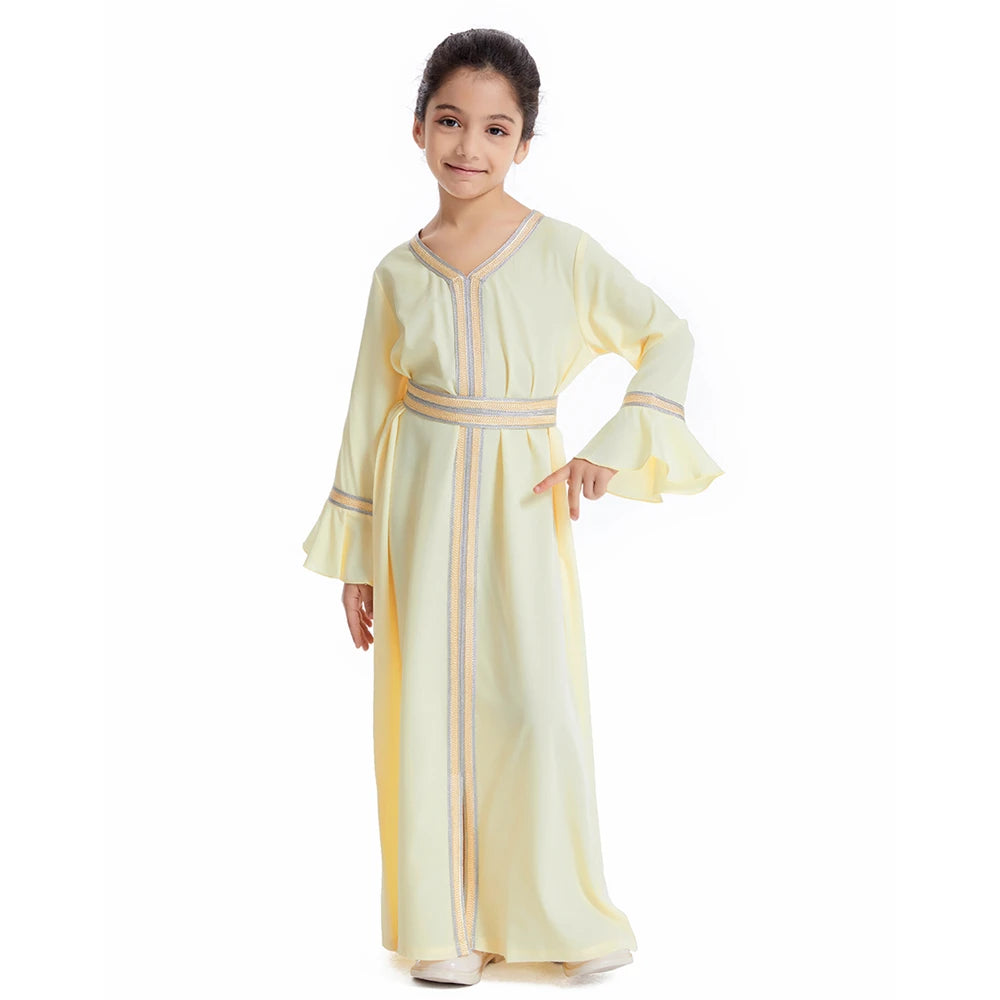 Kids Muslim Girls Abaya Prayer Long Maxi Dress Turkey Kaftan Arab Robe Dubai Islam Morocco Eid Party Ramadan Holiday Gown Caftan