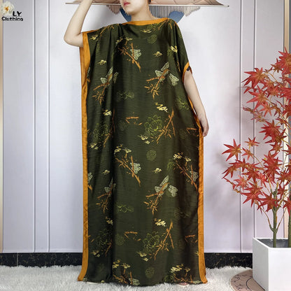 Muslim Abayas For Women 2023 New Fashion Printed Silk Soft Loose Femme Elegant Robe African Maxi Party Dresses With Belt Turban