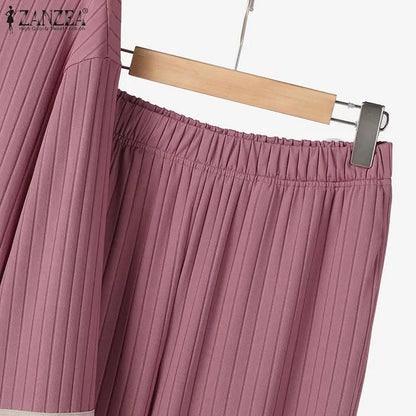 2024 ZANZEA Women Vintage Muslim Sets 2PCS Summer Islamic Clothing Eid Mubarek Ramadan Outifits Patchwork Blouse Trousers Suits