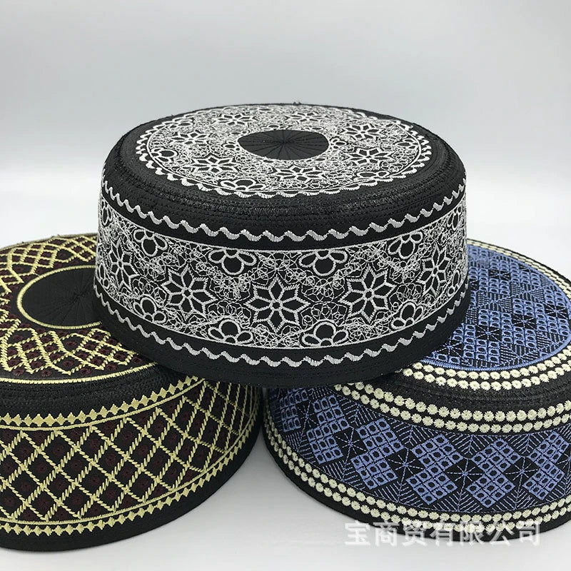 Tax Products Turkey Muslim Men clothing Saudi Prayer Hat Black with White Embroidery Yarmulke Flat Top Hats Jewish Islamic Caps
