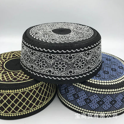 Tax Products Turkey Muslim Men clothing Saudi Prayer Hat Black with White Embroidery Yarmulke Flat Top Hats Jewish Islamic Caps