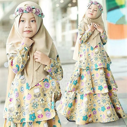 Floral Muslim Girls Prayer Dress Hijab Abaya Robe Arab Dubai Children Ramadan Set Kids Kaftan Headscarf Islamic Eid Gown Jilbab