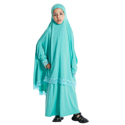 2Pcs Traditional Muslim Kids Girls Abaya Eid Hooded Overhead Hijab Burqa Maxi Skirt Sets Turkey Dubai Kaftan Prayer Garment Gown
