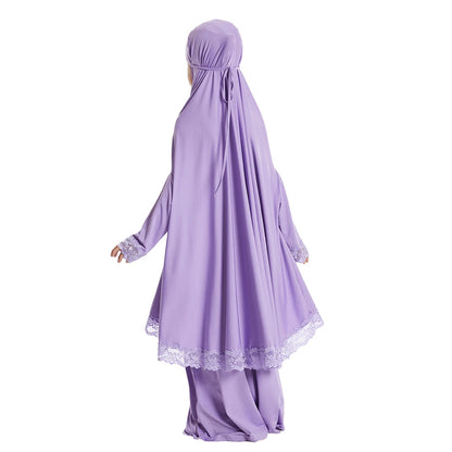 2Pcs Traditional Muslim Kids Girls Abaya Eid Hooded Overhead Hijab Burqa Maxi Skirt Sets Turkey Dubai Kaftan Prayer Garment Gown