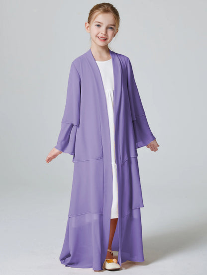 Ramadan Kebaya Muslim Girls Abaya 3 Layered Chiffon Kids Abaya Dress Open Front   Outerwear (Without Hijab)