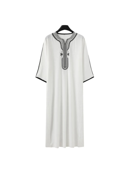 Arab Long Robe Islam Kaftan Muslim Eid Men Moroccan Dubai Caftan Embroidered Loose Breathable Abaya Jalabiya Thobe Summer 2024